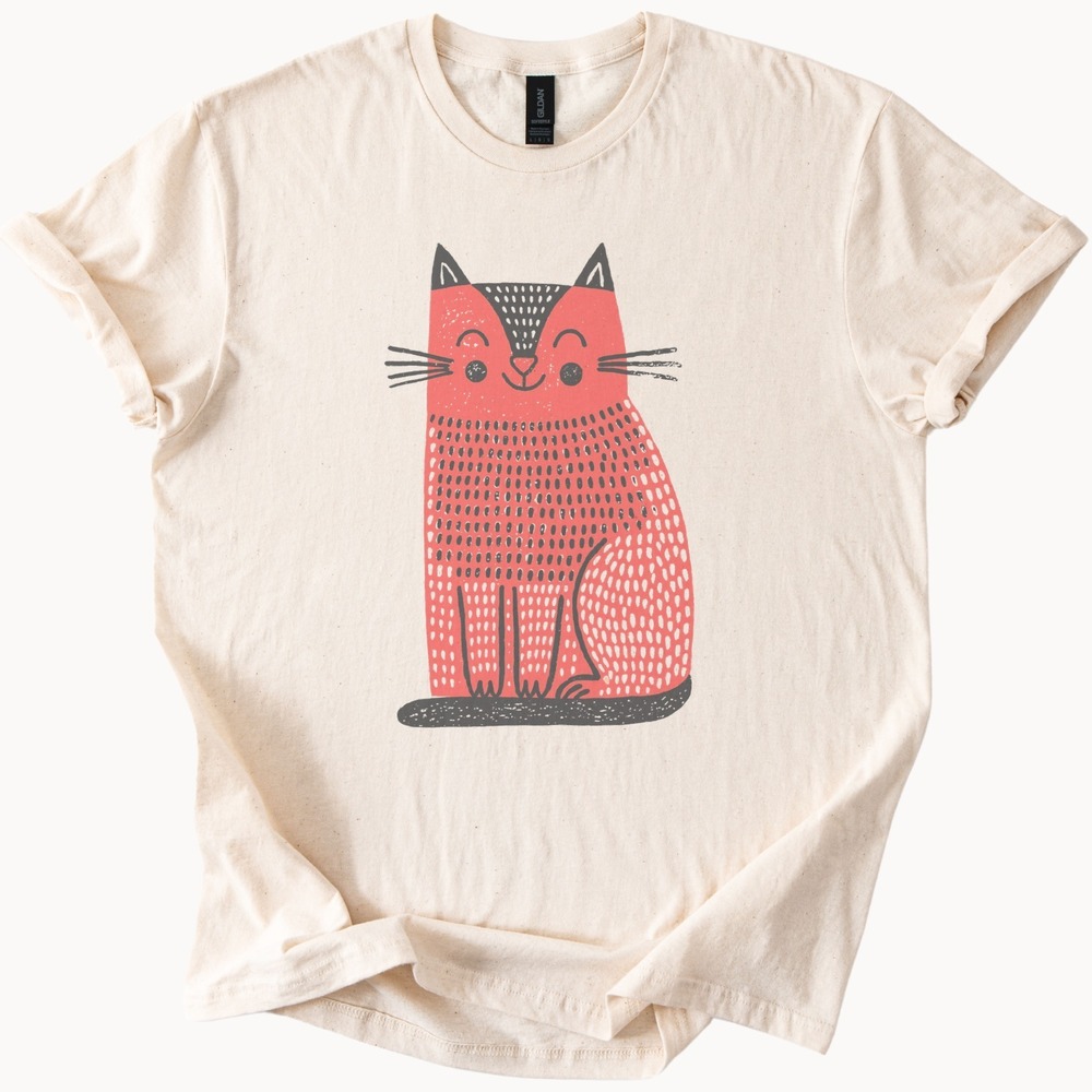 Geometric Cat Graphic Tee Folk Art Style Whimsical Design